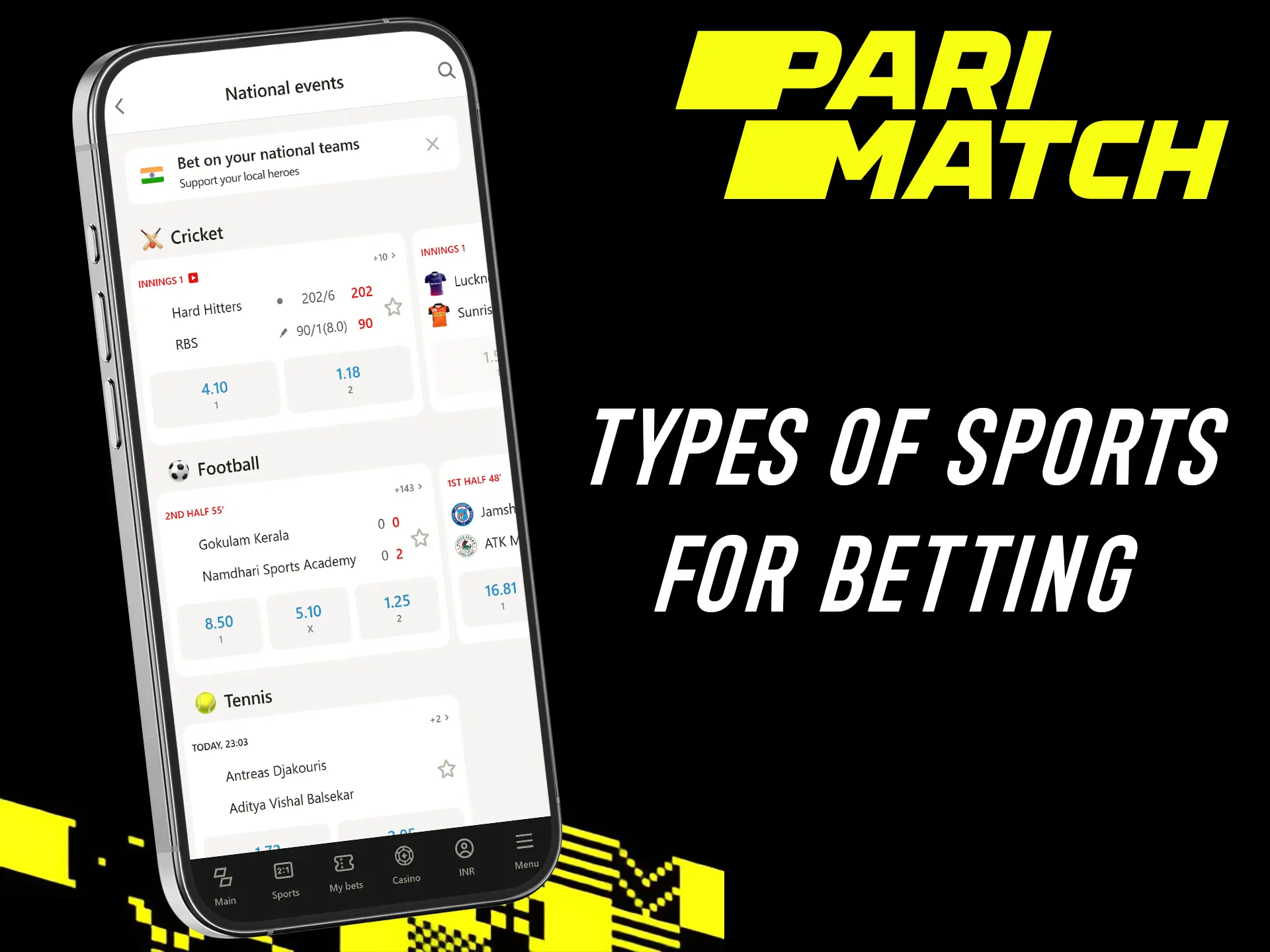 The Parimatch mobile application offers a large number of sports on which you can bet.