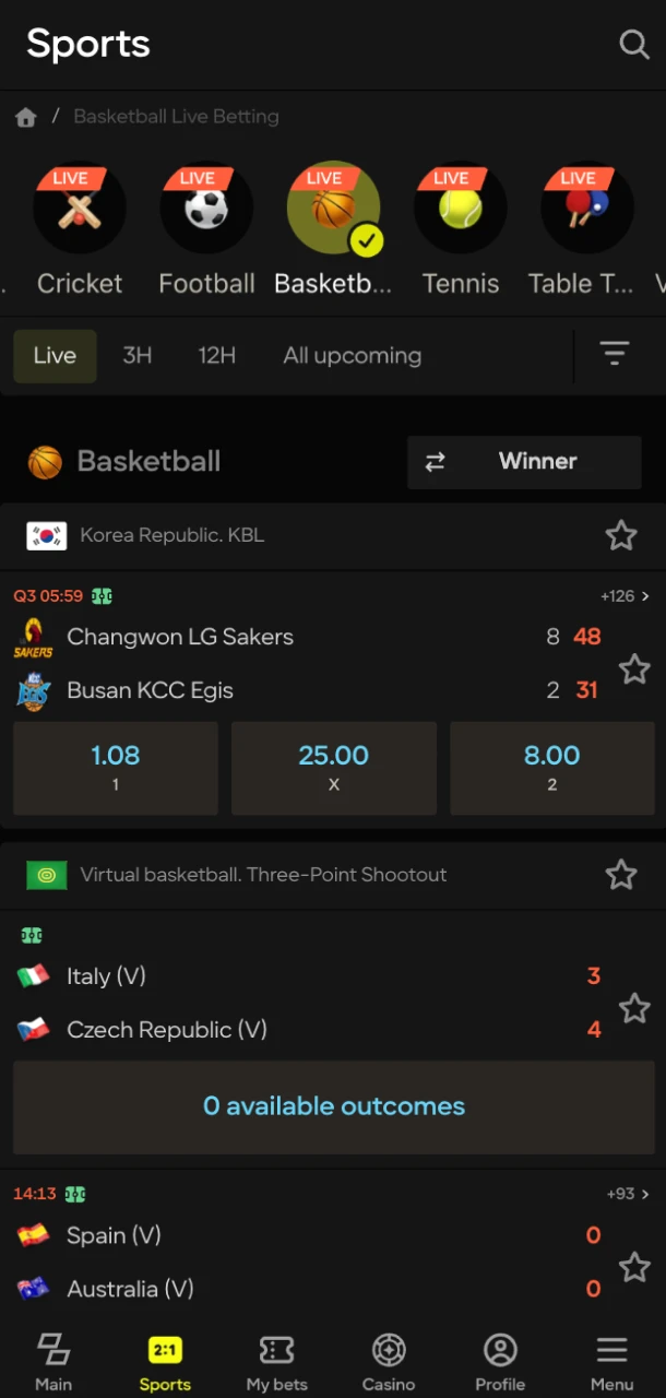 Find the basketball matches section at Parimatch online casino.