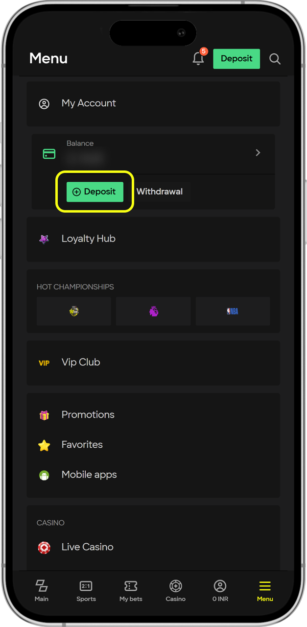 Open menu or find deposit button at the top at Parimatch.