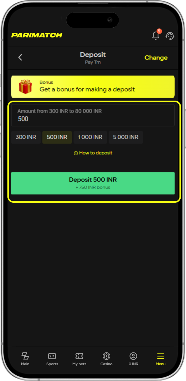 Insert amount of your deposit and process payment at Parimatch.