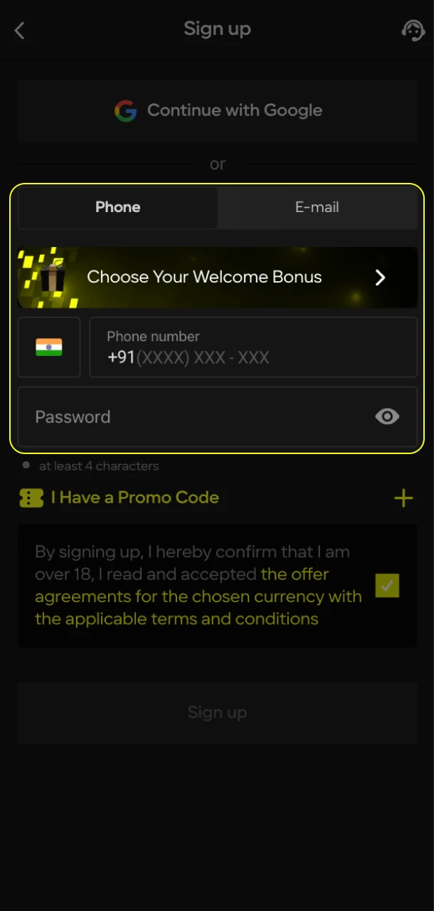 Go to the Parimatch online casino to create a new account.