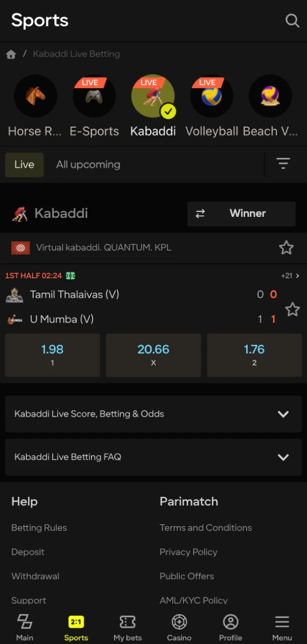 At the Parimatch online casino, players can bet on kabaddi.