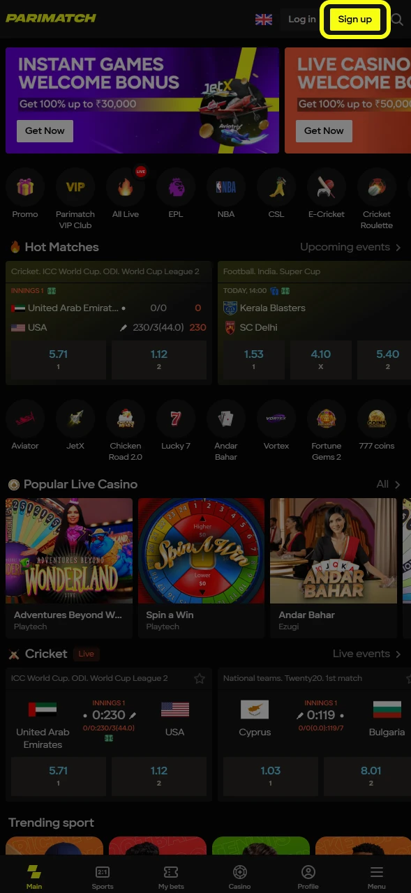 Click sign up button on Parimatch to start creating your new account.