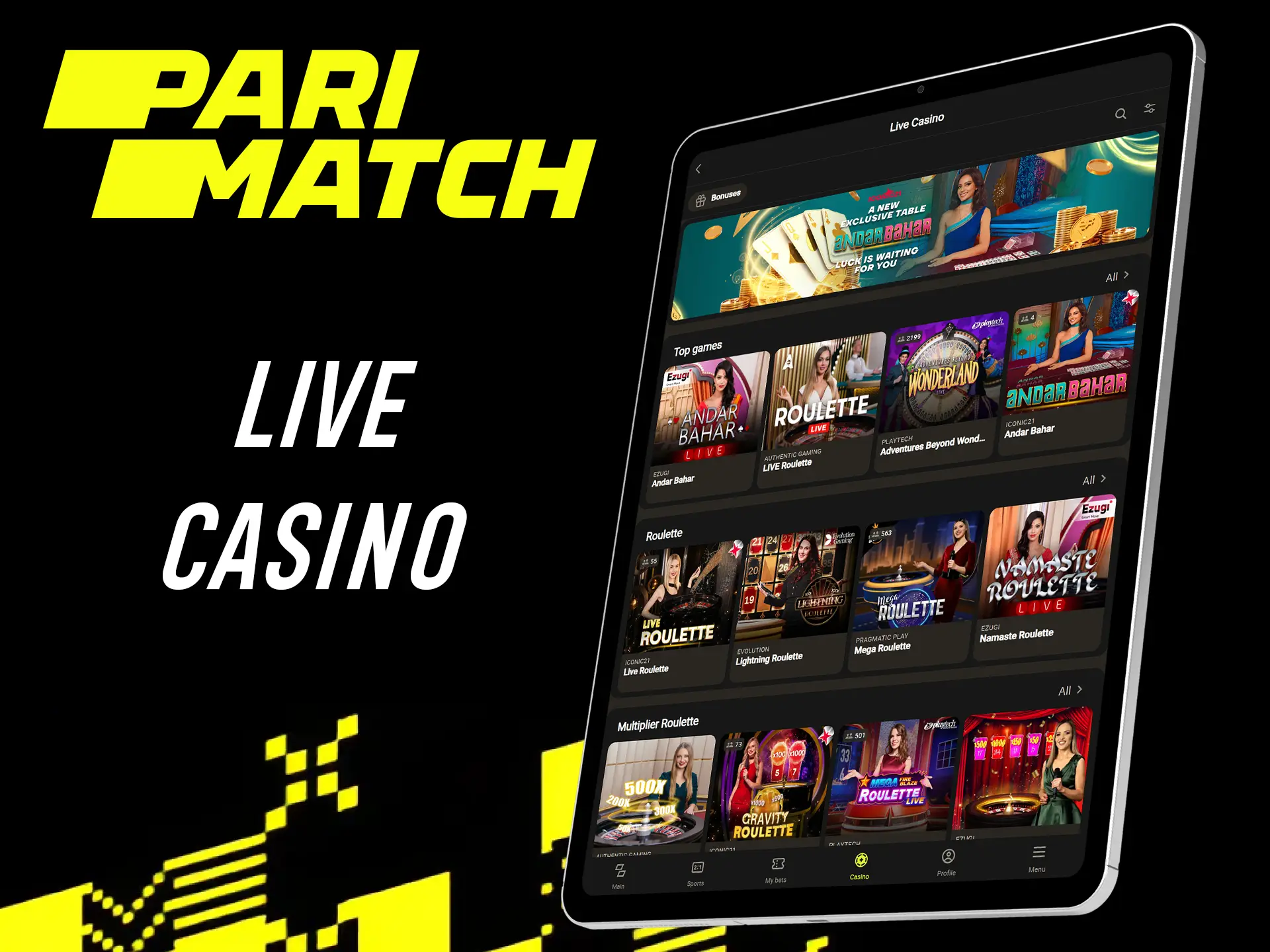 In the live casino section at Parimatch, professional dealers broadcast live games.