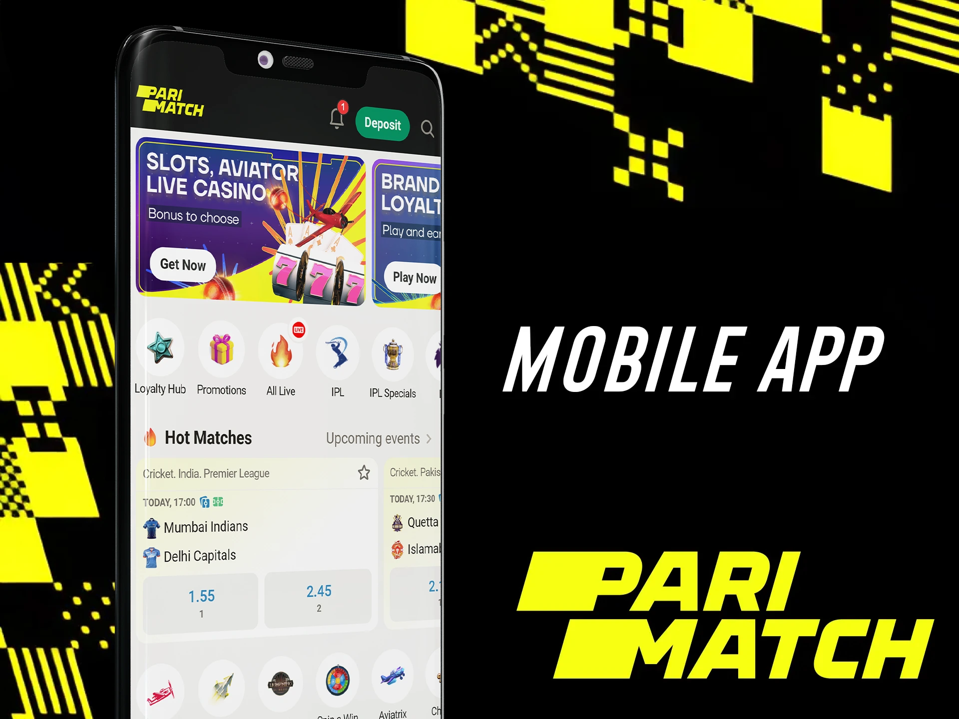 You can use the Parimatch platform from mobile devices by downloading the iOS or Android app.